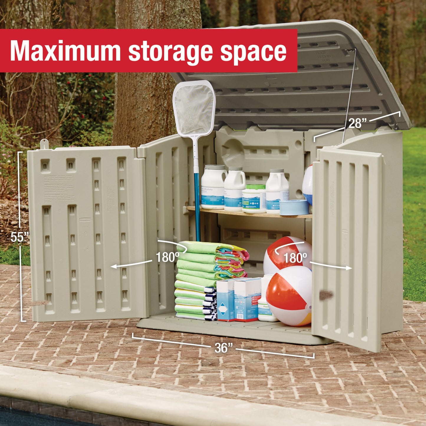 Rubbermaid Large Horizontal Resin Outdoor Storage Shed With Floor (5 x 4 Ft) Weather Resistant, Beige/Brown, Organization for Home/Backyard/Pool Chemicals/Toys/Garden Tools/Porch/Patio Cushions