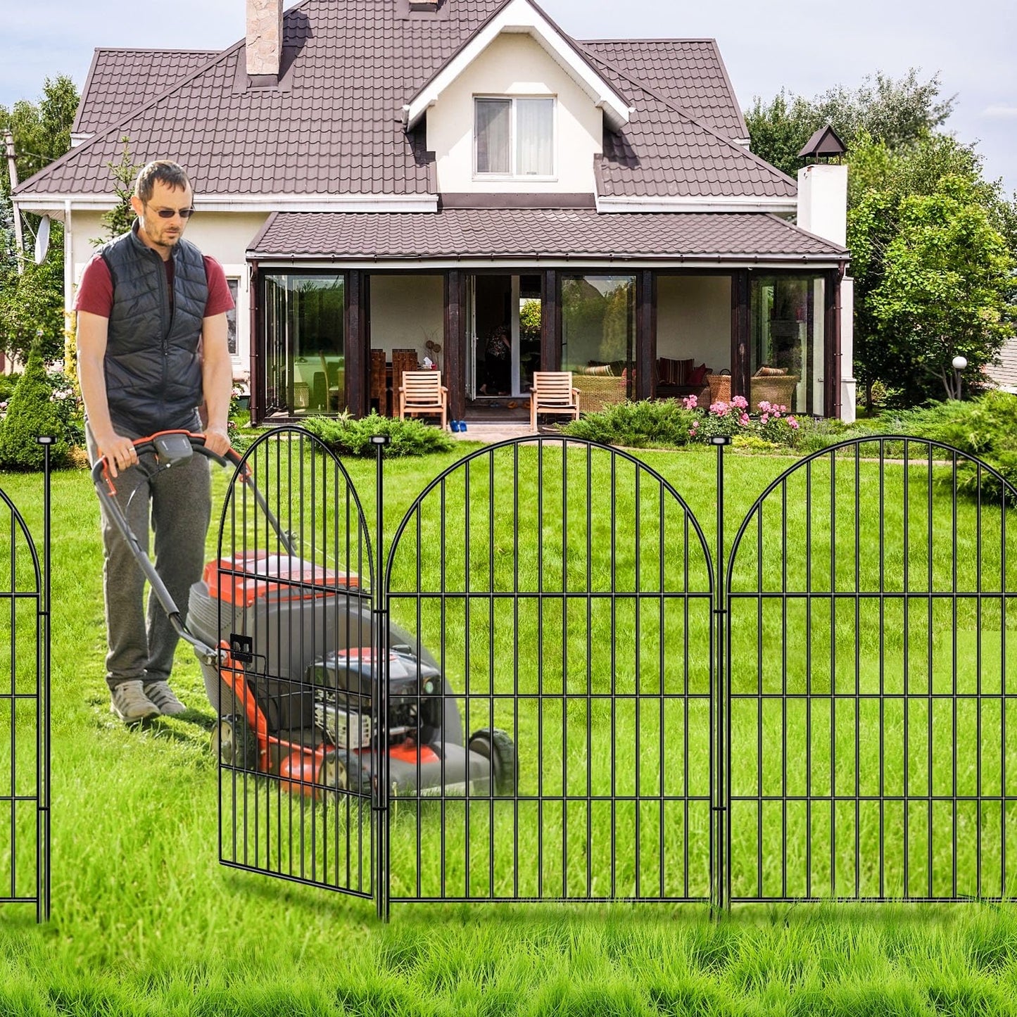 ADAVIN Garden Fence Animal Barrier with Gate 40 in(H)×17.5 Ft(L) 8 Panels,Rustproof Metal Wire Tall Fencing Border for Dogs Rabbits,Outdoor no dig pet Fences,Black Flower Edging for Yard,Arched
