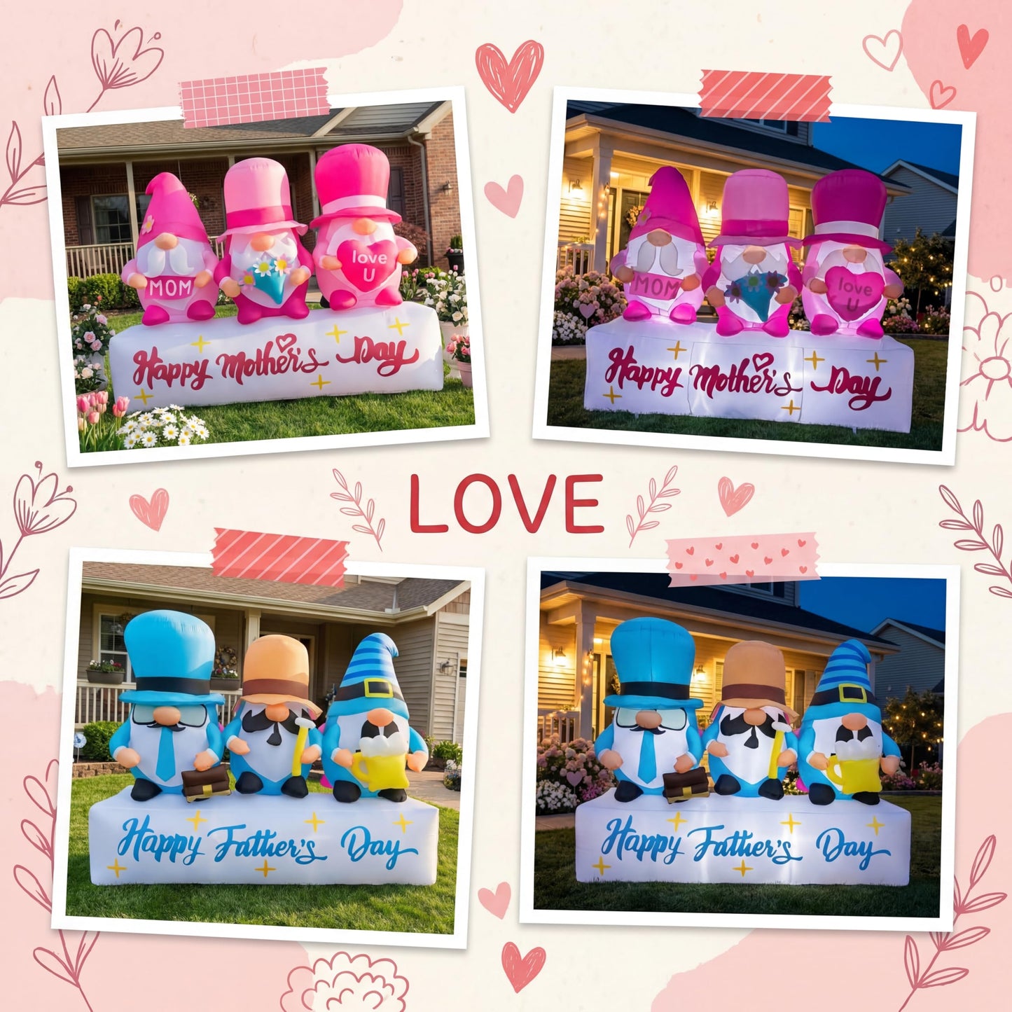 bbioc 7FT Long Inflatable Happy Mother's Day Decorations, Father's Day Inflatable Double Side Decorations, Three Gnomes Built-in LED Lighted Blow Up Decoration Home Yard Outdoor Indoor Decor