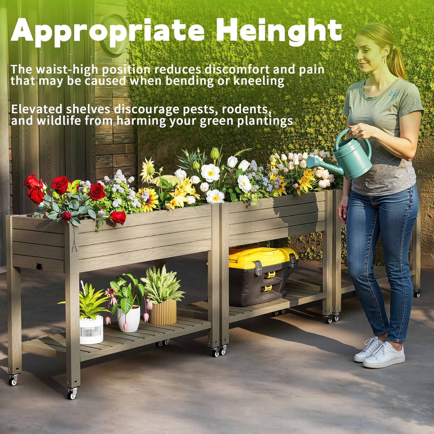 GYMHILL Elevated Raised Garden Bed with Wheels,Outdoor Large Resin Patio Planter Box Stand Divisible with Drain Plug,Water Monitor for Plants Vegetables Flowers Fruits(Grey,43.31 * 17.72 * 33.66)