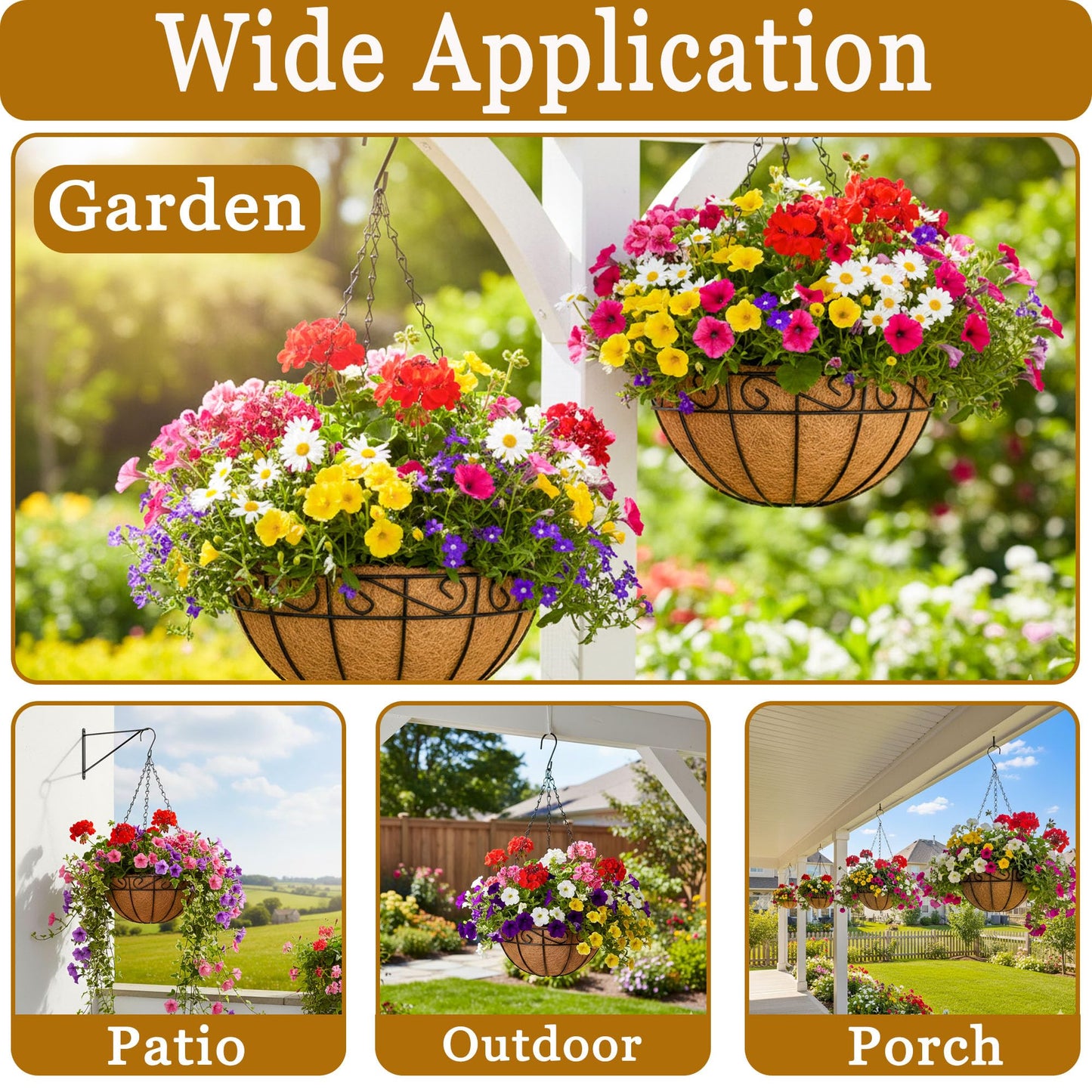 SMYAXUNW 4 Pack Hanging Planters 12 Inch Metal Hanging Planter Basket Flower Pots with Coco Coir Liners Round Wire Plant Holder with Chain for Indoor Outdoor Patio Porch Garden Decoration(HB)