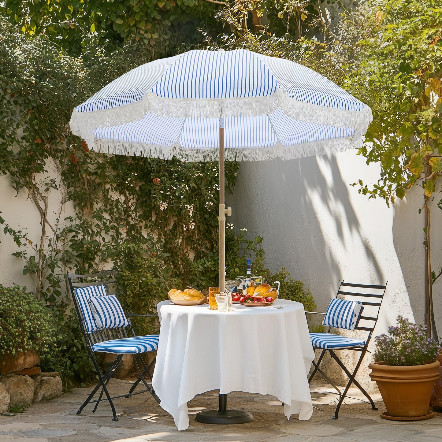 Kbrellaoutlets Patio Umbrella with UPF 50+ Protection, 8 Ribs, Push Button Tilt - Versatile Outdoor Shade for Garden, Courtyard, and Beach (Blue Pinstripe)