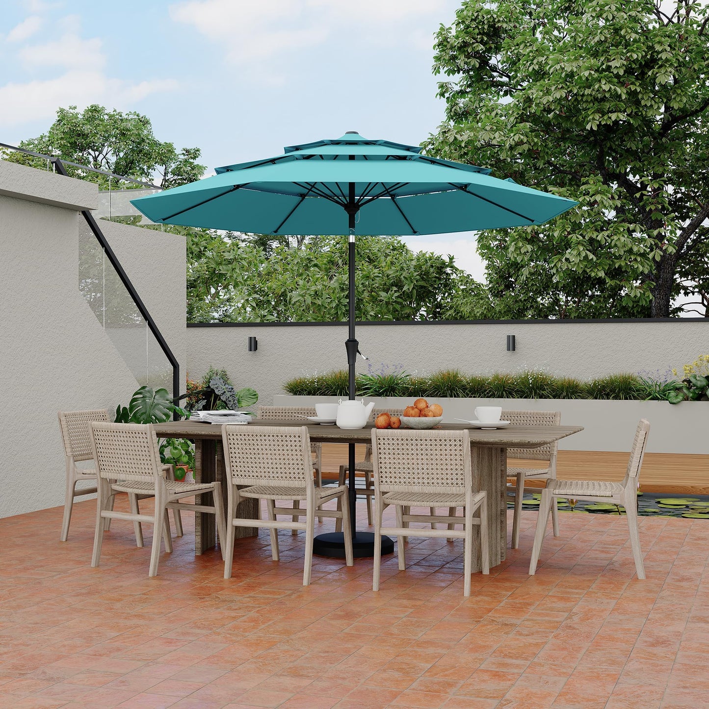 Garvee 9Ft Outdoor Patio Umbrella, 3-Tiers Market Umbrella with 8 Sturdy Ribs & Hand Crank, Outdoor Table Umbrella for Poolside, Beach, Garden(Blue)