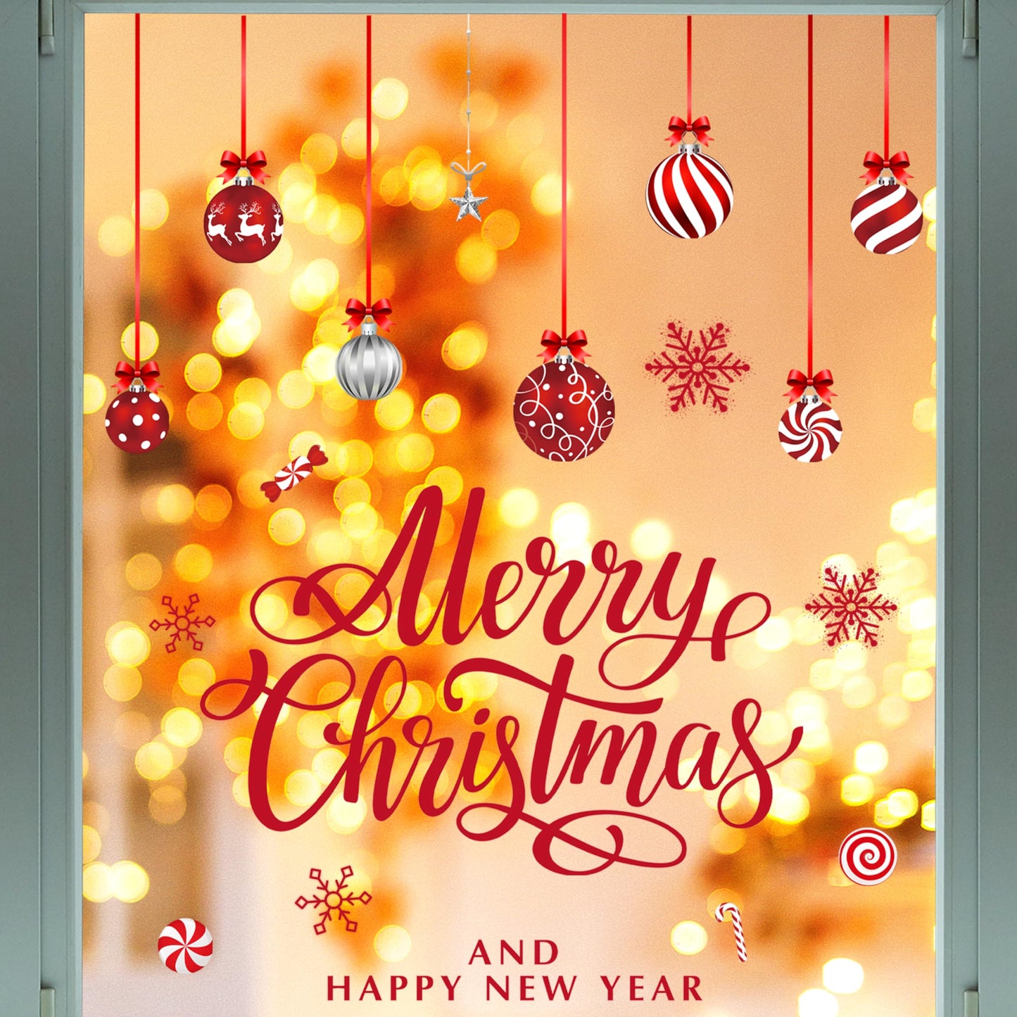Christmas Window Clings, Merry Christmas Ball Candy Snowflake Decals Stickers, Removable Happy New Year Window Decorations for Glass Windows Xmas Holiday Home Office Decor