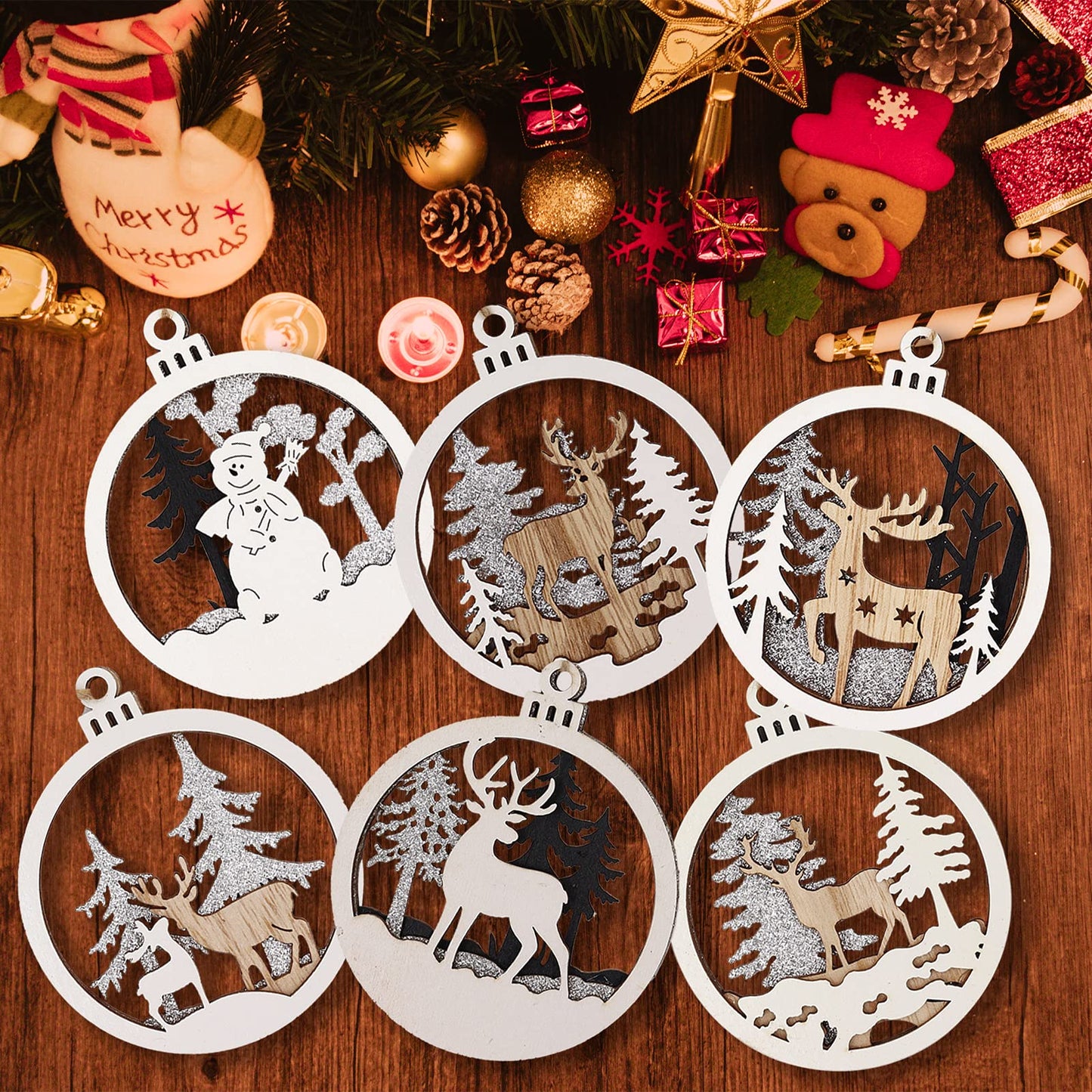 Winter Wonderland Ornaments for Christmas Tree - 6 Pack Christmas Wooden Ornaments for Winter Xmas Holiday Tree Decorations