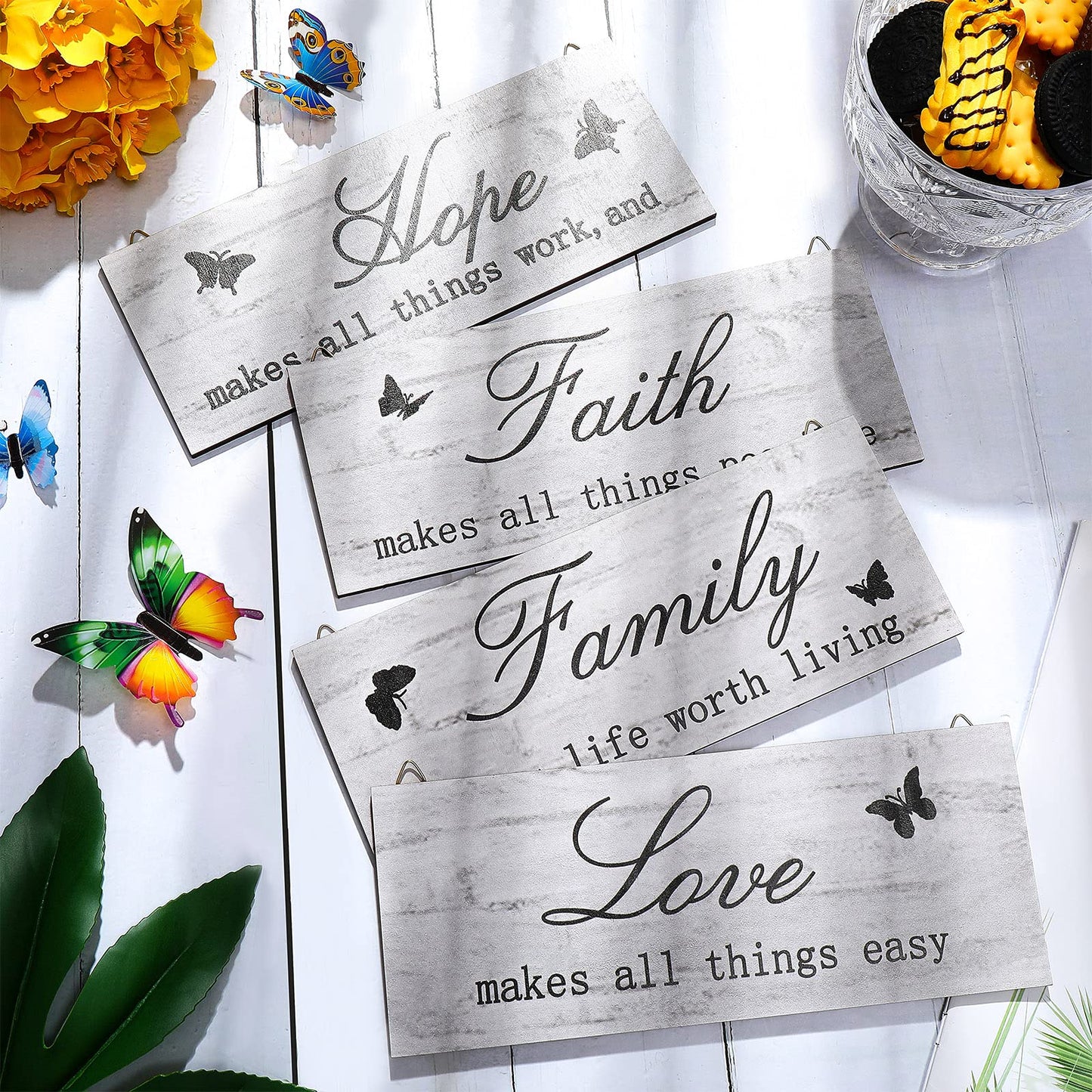 4 Pieces Faith Love Hope Family Wood Sign Farmhouse Wooden Family Sign with Quotes Faith Love Hope Family Home Sign Plaque Rustic Wooden Home Wall Sign for Front Porch Door Wall, 10 x 4 Inch (White)