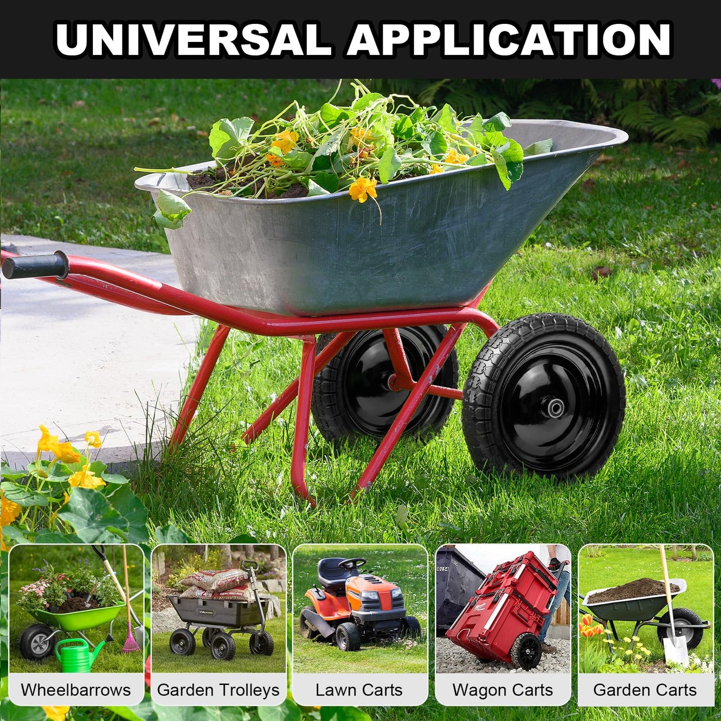DGSL 1-Pack 4.80/4.00-8 Tire - 14.5" Flat-Free Tire Wheelbarrow Tire with 3" Centered Hub, 5/8" 3/4" Bearings, Heavy Duty Replacement Tires for Gardening & Yard Work
