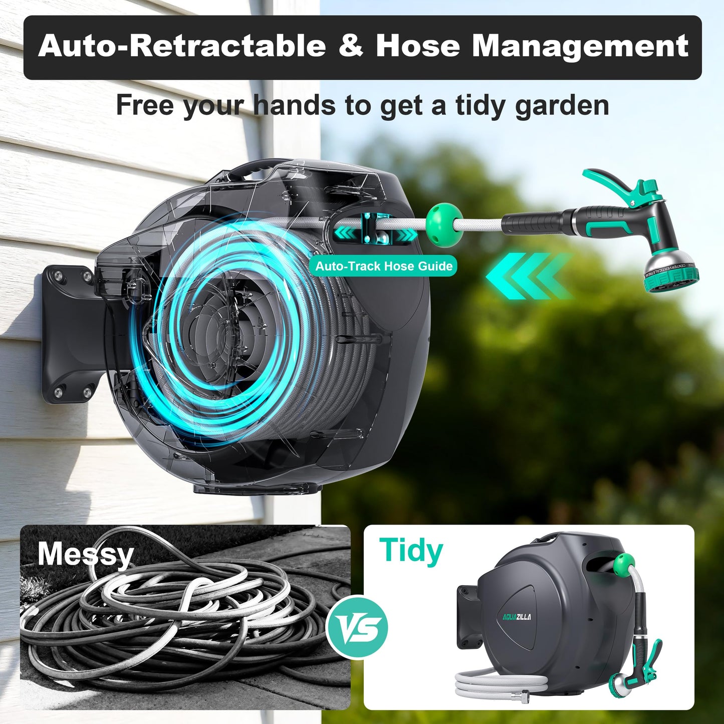 Retractable Garden Hose Reel - 1/2 in x 120 ft Automatic Wall Mount Heavy Duty Automatic Water Hose Reel with 9 Patterns Nozzle, Kink-Resistant Hose, 180° Swivel, Auto-Lock for Outdoor Watering