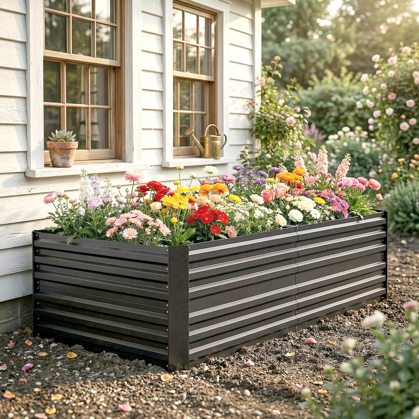 Outsunny Galvanized Raised Garden Bed Kit with Reinforcing Bars, Large and Tall Metal Planter Box for Vegetables, Flowers and Herbs, 6' x 3' x 2', Dark Gray
