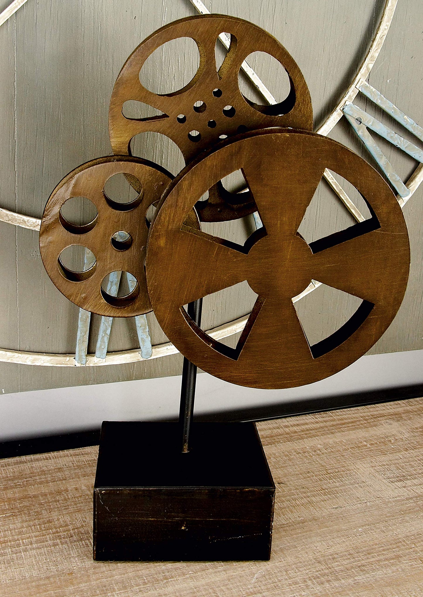 Deco 79 Metal Film Decorative Sculpture Reel Home Decor Statue with Elevated Block Base, Accent Figurine 11" x 5" x 16", Bronze