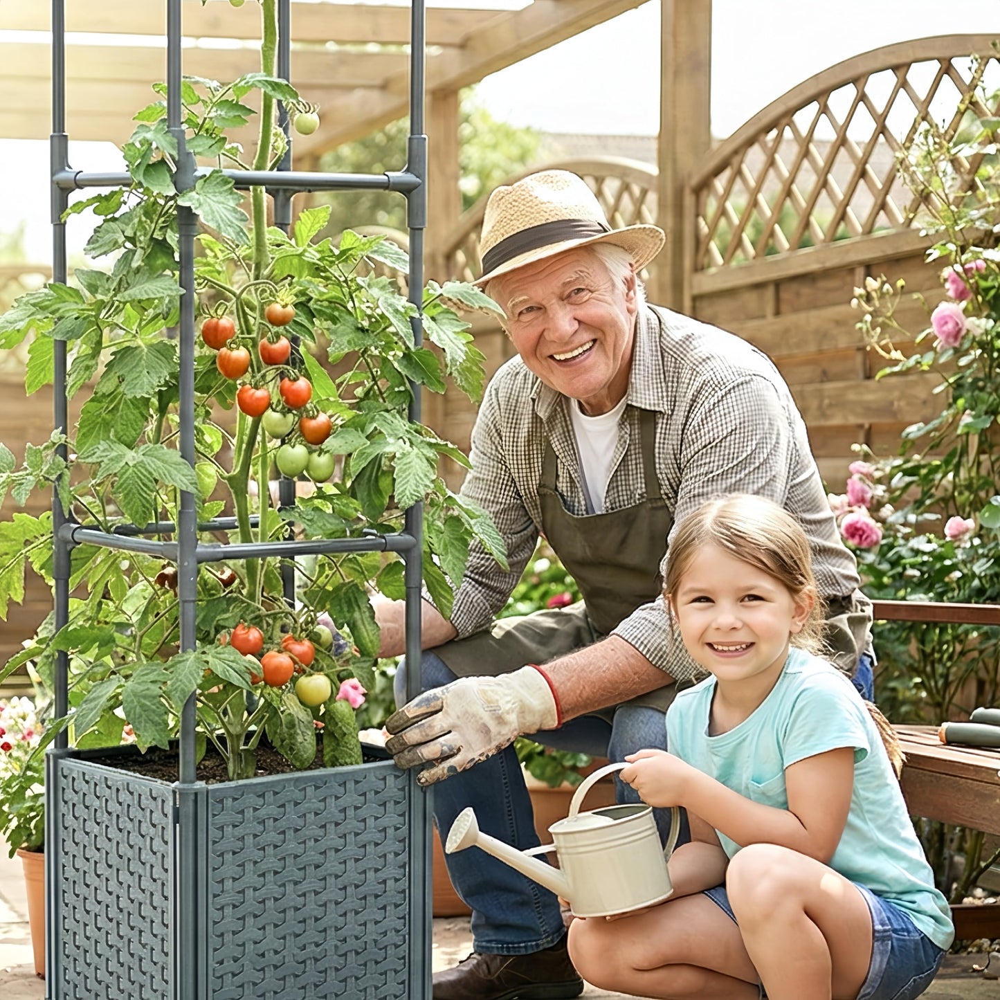 KOBAZ Raised Garden Bed Tomato Planter Box with Trellis, 67.6" Tomato Planters Cage w/Self-Watering for Climbing Plants Vegetables, Patio Indoor Outdoor