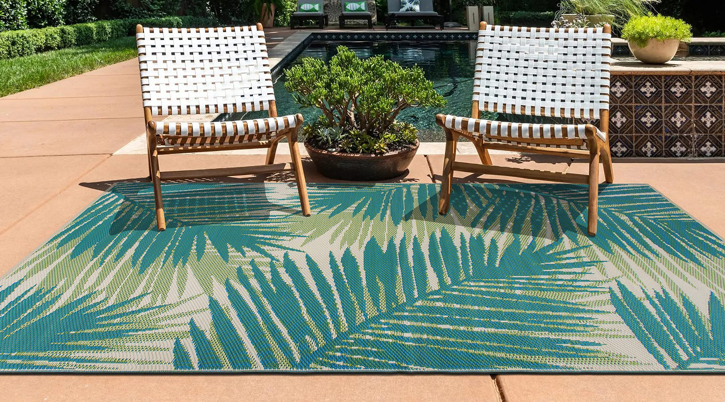 Rugshop Tropical Floral Reversible Crease-Free Waterproof Premium Recycled Plastic Outdoor Rugs for Patio,Backyard,RV,Deck,Picnic,Trailer,Beach,Camping Green 3' x 5'