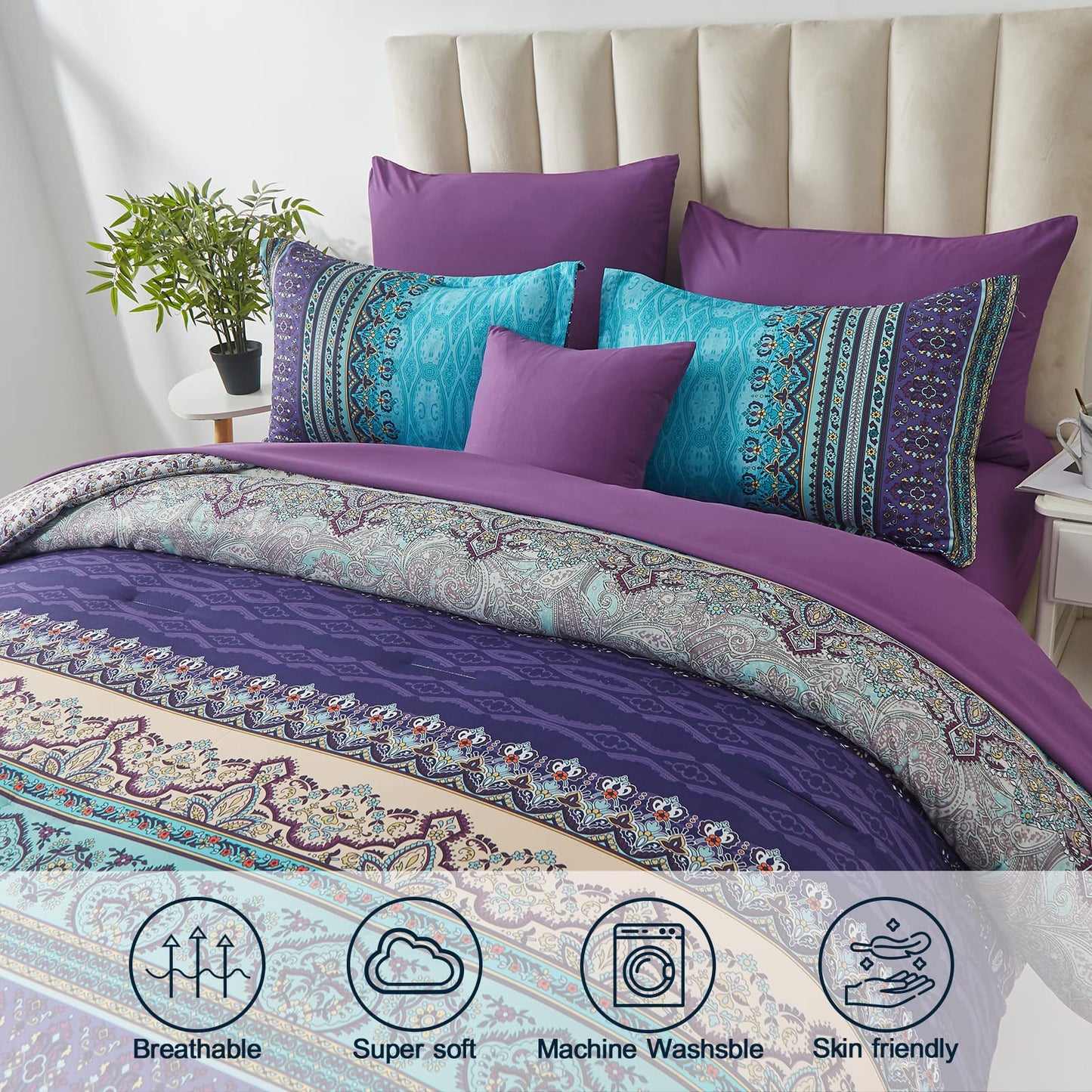 Cottolester Boho Comforter Set Queen Size 8 Piece Bed in a Bag Bohemian Striped Bedding Quilt Set Aqua Paisley Floral Comforter and Sheet Set,Soft Microfiber Complete Bedding Sets for All Season