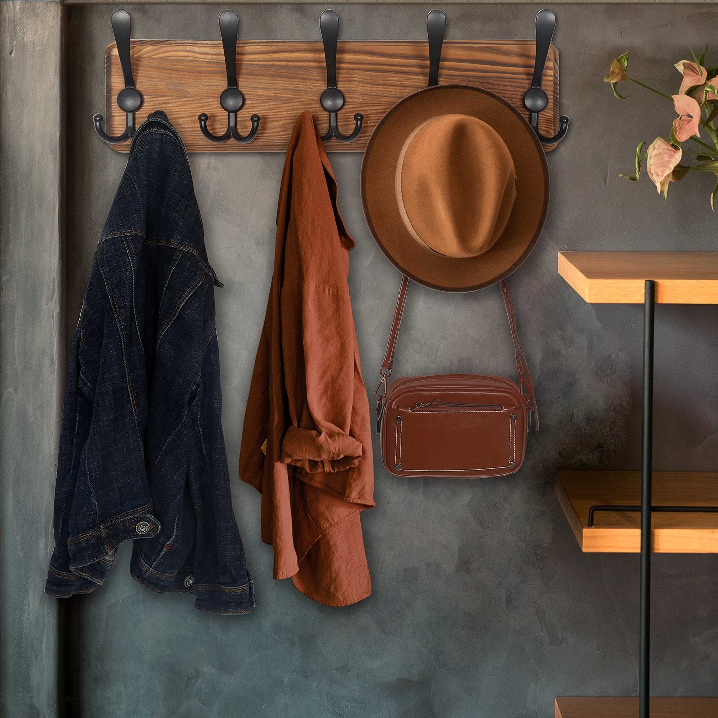 WEBI Rustic Coat Rack Wall Mount,Solid Wood Coat Hooks Wall Mounted Coat Hanger,16" Hole to Hole,Hook Rack Rail,5 Triple Hooks for Hanging Coats,Jacket,Clothes,Farmhouse,Brown