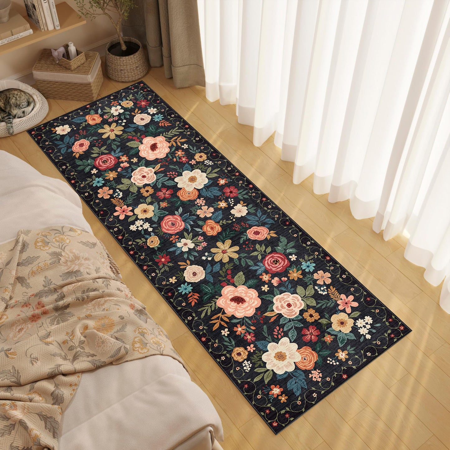 DUKINO 2x6 Runner Rug for Hallway, Washable Kitchen Runner Rug with Non Slip Backing, Low Pile Soft Boho Floral Runner for Kitchen, Hallway, Entryway, Laundry, Bedroom, Black