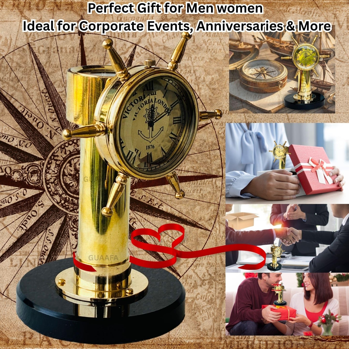 Ship Wheel Decorative Shipwheel CompassClock - Handmade Brass Tabletop Desk Decor Gift