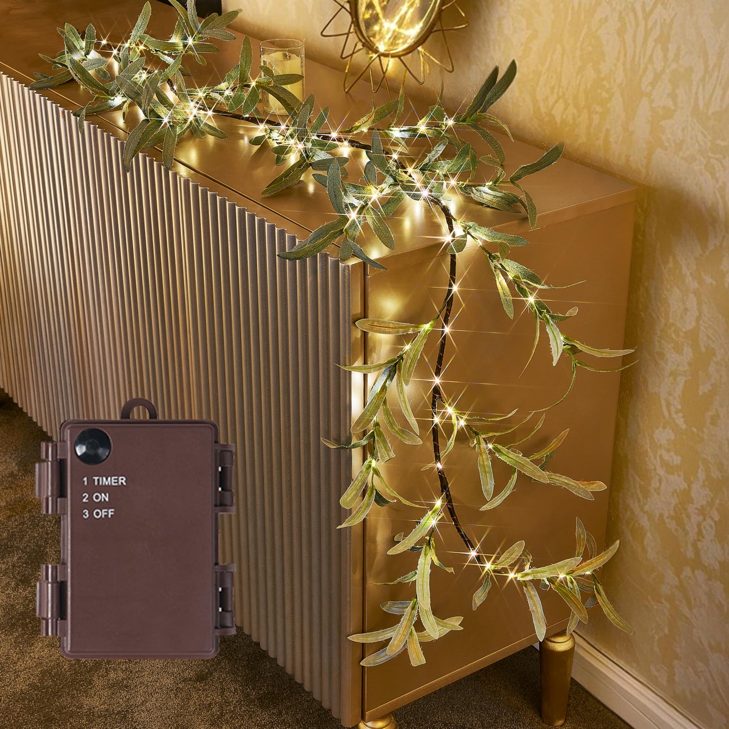 Birchlitland Lighted Olive Garland Battery Operated with Timer 6FT 96 LED Fairy Lights, Faux Vine with Lights for Mantel Fireplace Wall Patio Wedding and Holiday Decor