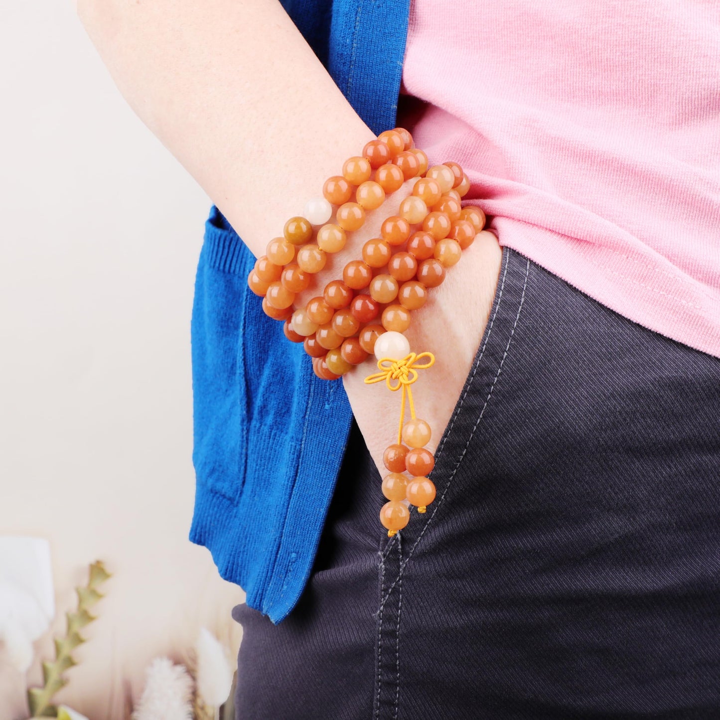 AD Beads 8mm 108 Prayer Mala Yellow Aventurine Elastic Bracelet - Optimism - Handmade Yoga Meditation Healing Power Energy Gifts for Unisex Adult.