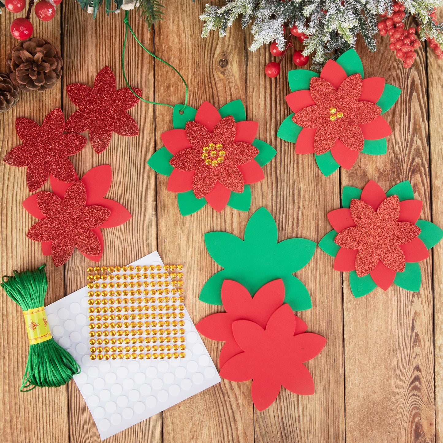 LFUTARI 15 Pcs Christmas DIY Poinsettia Flowers Craft, Foam Poinsettias Flower Ornaments, Christmas Glitter Red Flowers DIY Decoration for Holiday Home Party Tree Garland Wreath Porch Stair Decor
