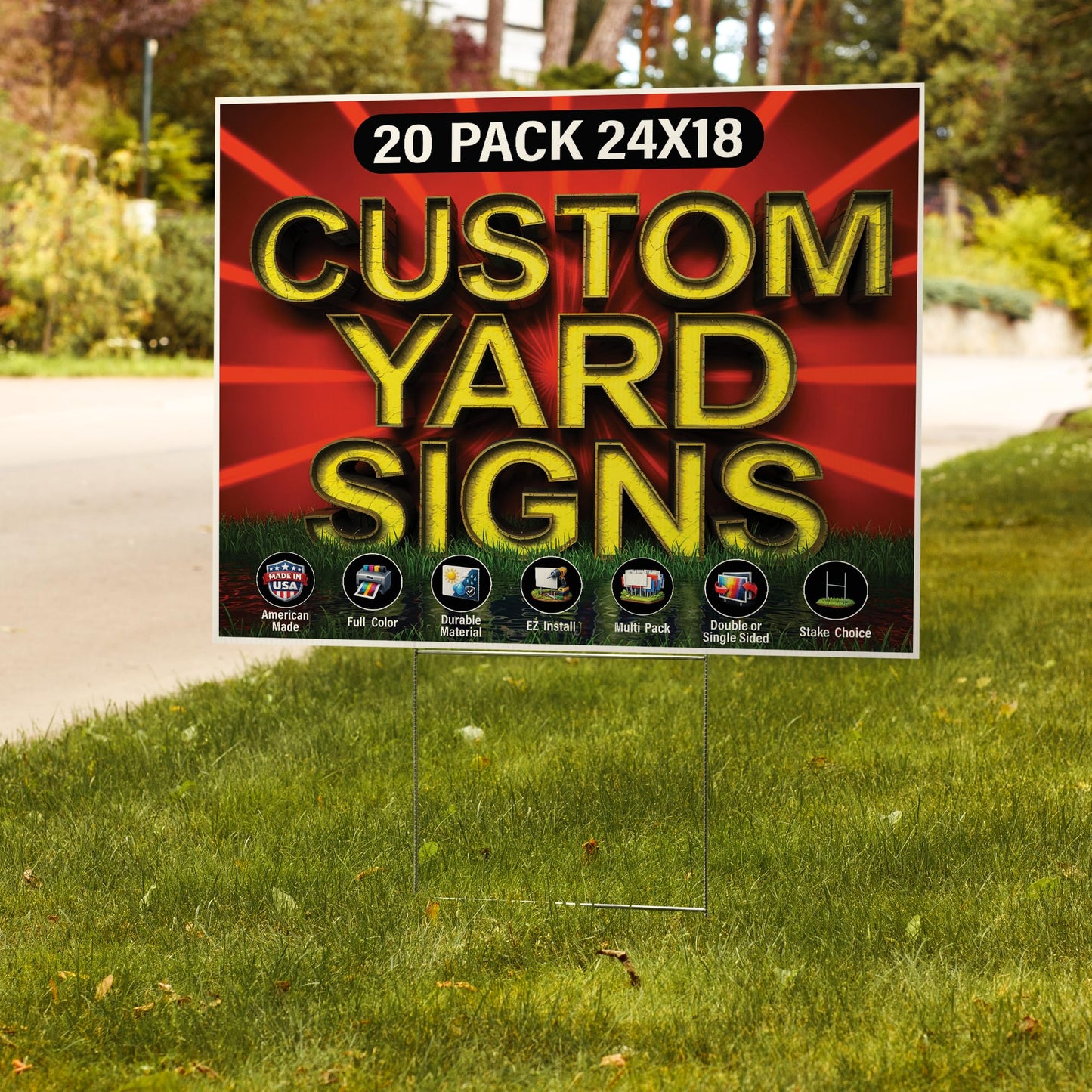 20 Pack of 24x18 inch Custom Yard Signs, Double and Single Sided Print, Metal H-Stakes, Durable 4mm Coroplast, Personalized Full Color Printing