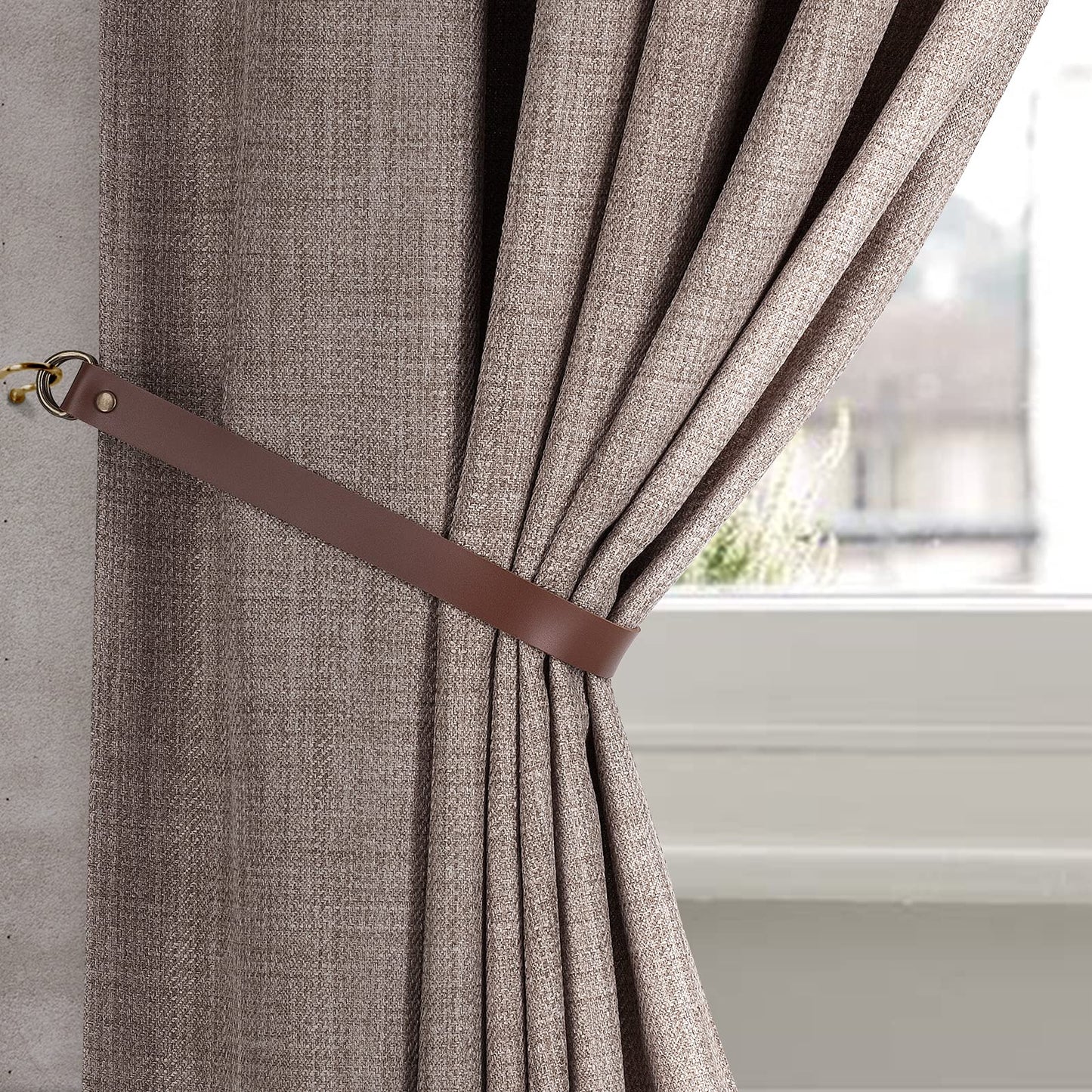 Home Queen Leather Curtain Tie Backs Attach to Wall, Outdoor Drape Holder Holdbacks Tiebacks with Hooks, Set of 2, Chocolate
