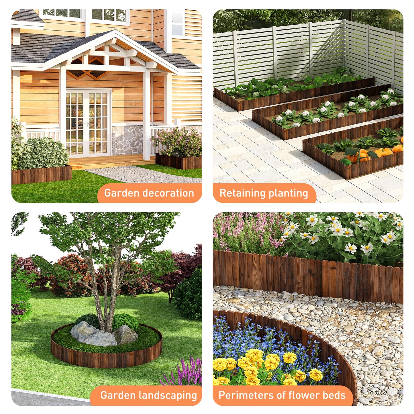 GHWIE Wooden Garden Fence Wood Garden Edging Border Decorative Landscape Border Edging,Planting Tree Fence Landscape Edging Flower Bed Fences-11.8'' H x 48'' L (2 Pack,8Ft Total Length)
