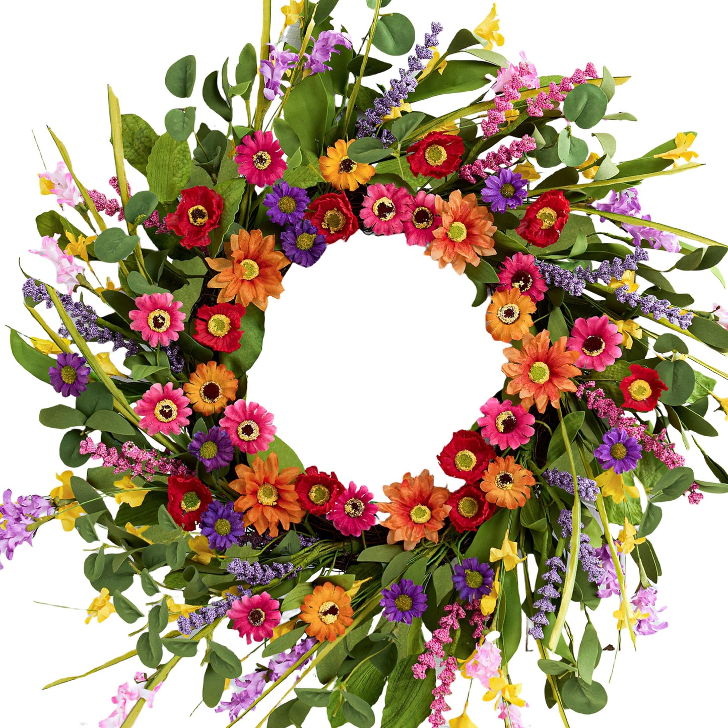 WSTPUPU Artificial Spring Wreath 22 Inch Summer Wreaths for Front Door with Green Eucalyptus Leaves Pink Daisy Lavender Spring Door Wreath for Farmhouse Wall Wedding Home Porch Easter