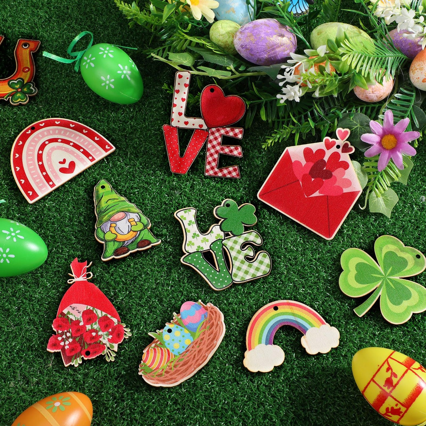 Anglechic 72 Pcs Valentine's Day Hanging Ornaments for Tree St. Patrick's Day Shamrocks Gnome Hanging Ornaments Happy Easter Egg Gnome Bunny Chick Cutouts Party Decorations(Flat Style,Wood)