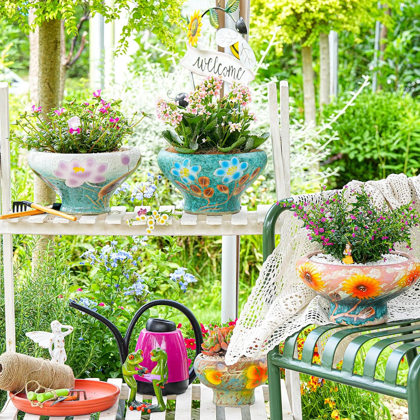 Sungmor 9.6 Inch Large Succulent Plant Pots, Pretty Hand Painted Ceramic Planter with Drainage, Indoor Outdoor Cactus Planter Bonsai Pot, Flower Pot for Indoor Plants Garden Windowsill Desktop Decor