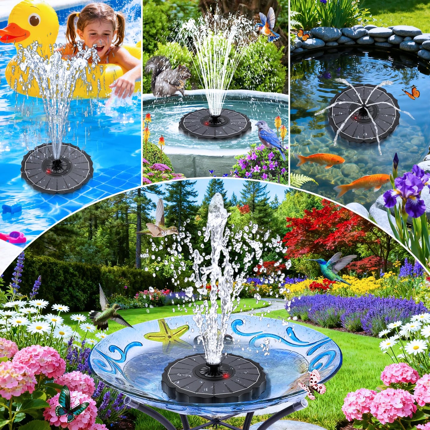 SZMP Solar Fountain, Works in Cloudy with 2000mAh Battery Backup, Glass Solar Powered Bird Bath Fountain with Smart Status Indicators, 3.5W, 8 Nozzles, for Garden, Outdoor (Black)
