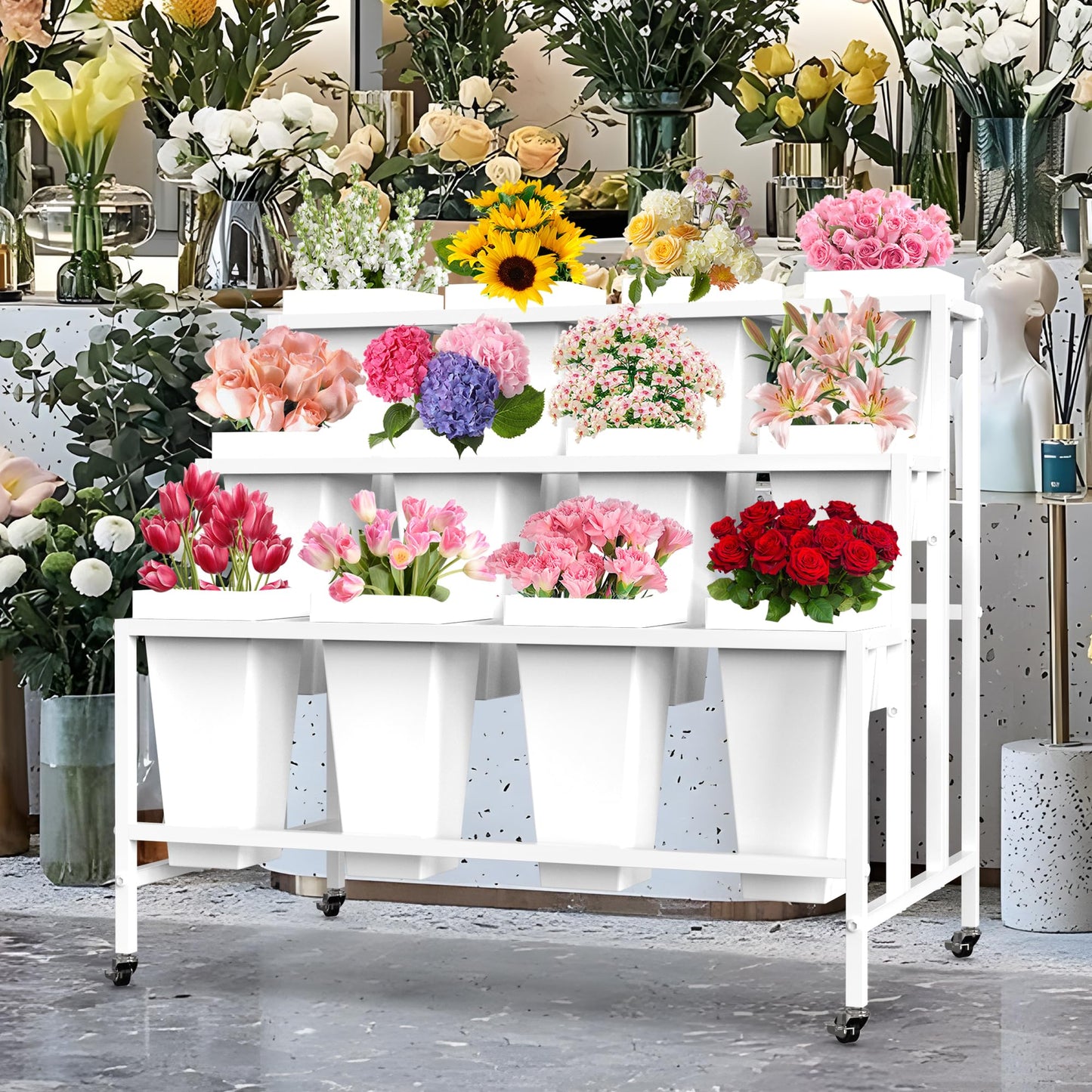 VGMiu Flower Display Stand with 12 Buckets, Flower Cart 3 Layers White Metal Flower Bar Stand with Wheels, Moving Florist Bouquet Shelf for Weddings Florist Indoor Outdoor Patio Garden Living Room
