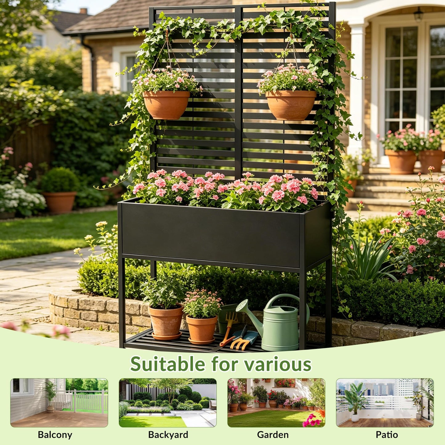 Metal Planter with Trellis for Outdoor,Elevated Rust-Proof Raised Garden Bed with Legs & Wheels,70" Privacy Planter for Climbing Plants & Flowers,Outside Movable Raise Box for Patio,Black (Black)