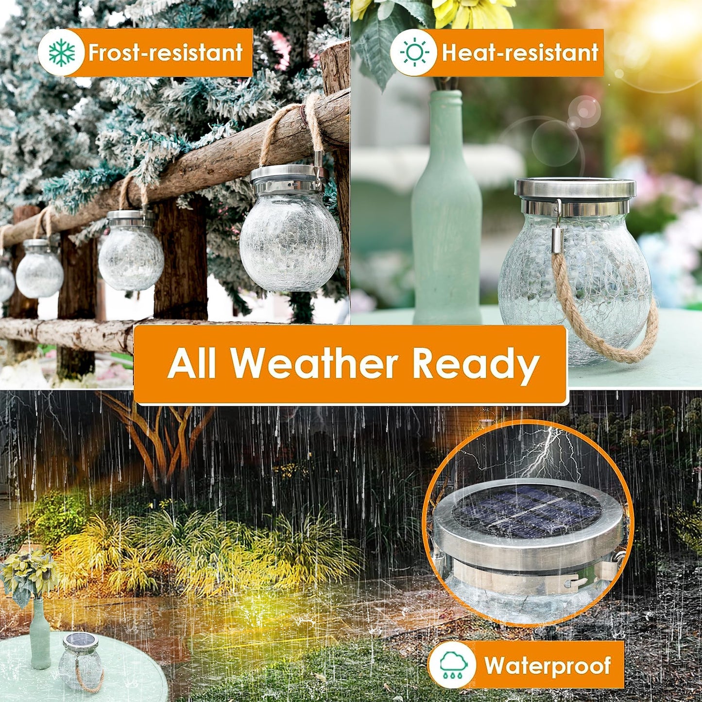 Cooo 6 Pack Gifts for Him Her Solar Lanterns Outdoor Waterproof Heavy Crackle Glass 30 LED Warm Firefly Lights Solar for Women Mom Grandma Outdoor Table Lamps Garden Yard Decor
