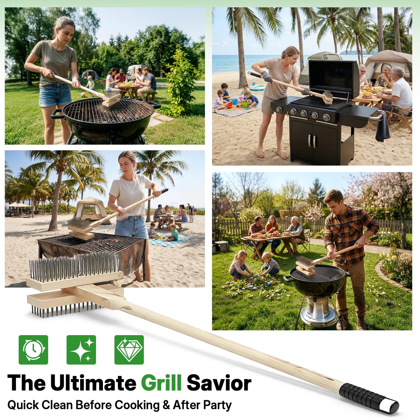 FULEIYA 2PCS 51" Stainless Steel Grill Brush for Outdoor Grill Cleaning Brush with Long Handle, BBQ Grill Brush Detachable Double Ended Wire Bristle Brush Grill with Fixing Bolts & Wrench