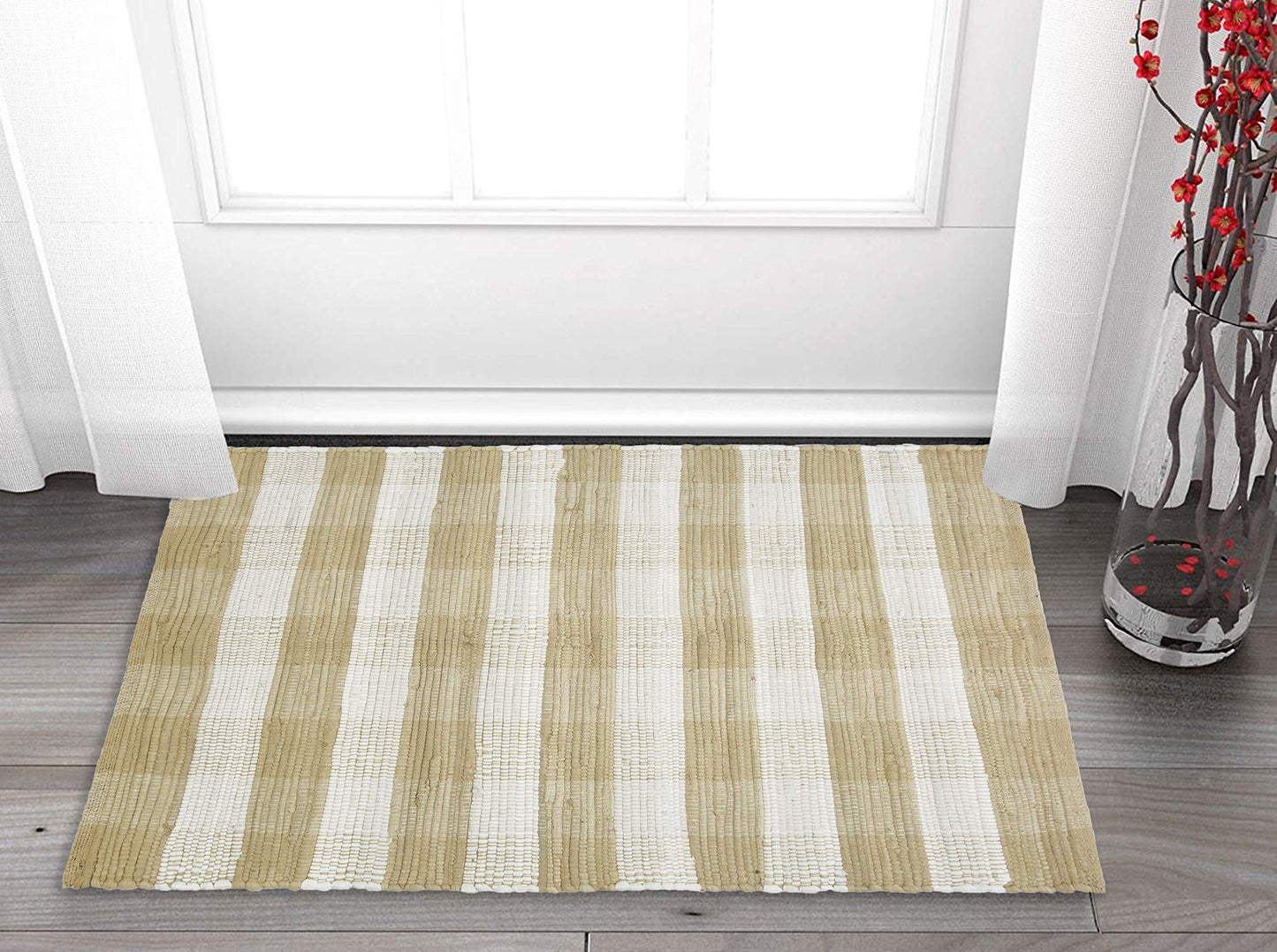 GLAMBURG Cotton Buffalo Check Plaid Washable, Handwoven Checkered Welcome Door Mat 18x30 for Kitchen Bathroom Outdoor Porch Laundry Living Room, Farmhouse Reversible Rag Rug Beige Natural