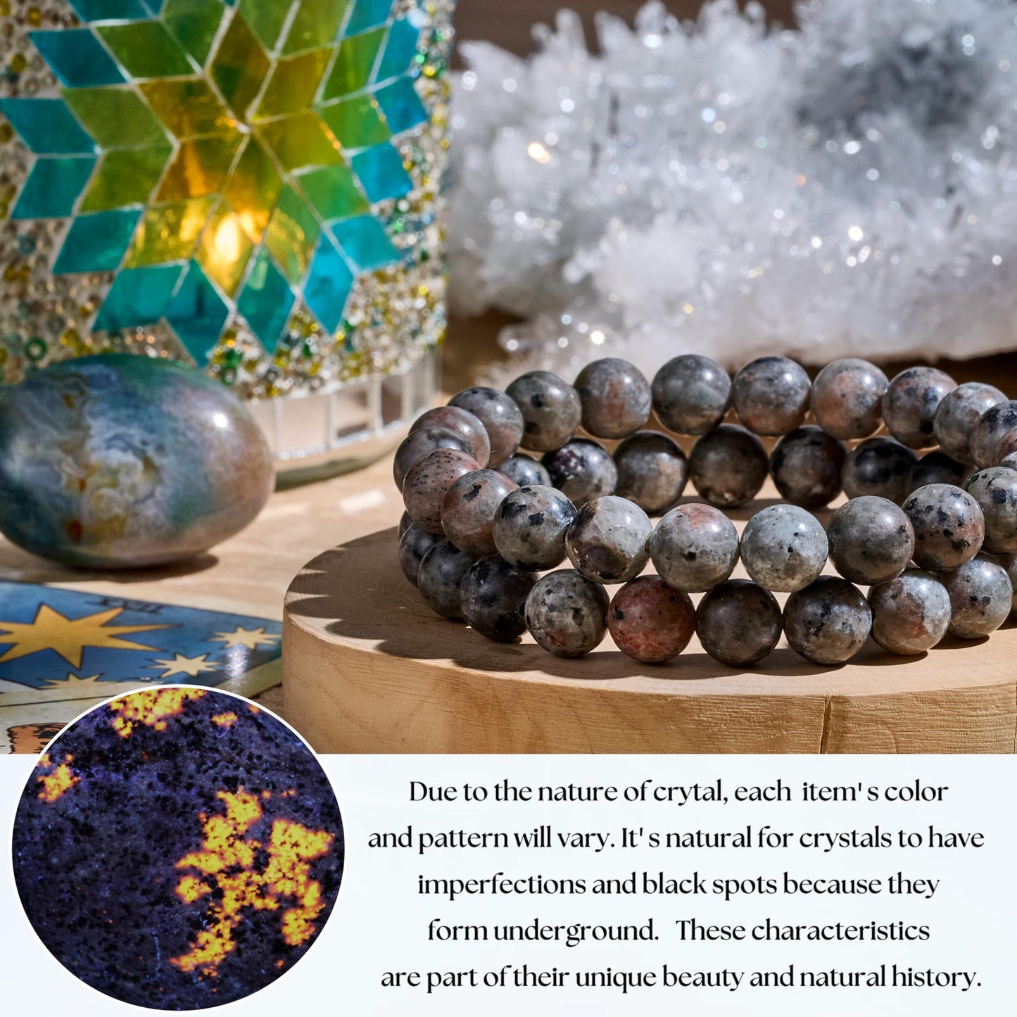 Bivei Natural Gemstone Semi Precious Healing Crystals Handmade Stretchy Round Beads Bracelet, Enhance Positive Energy,Stocking Stuffers for Women(Yooperlite (Inspiration & clarity)(Large))