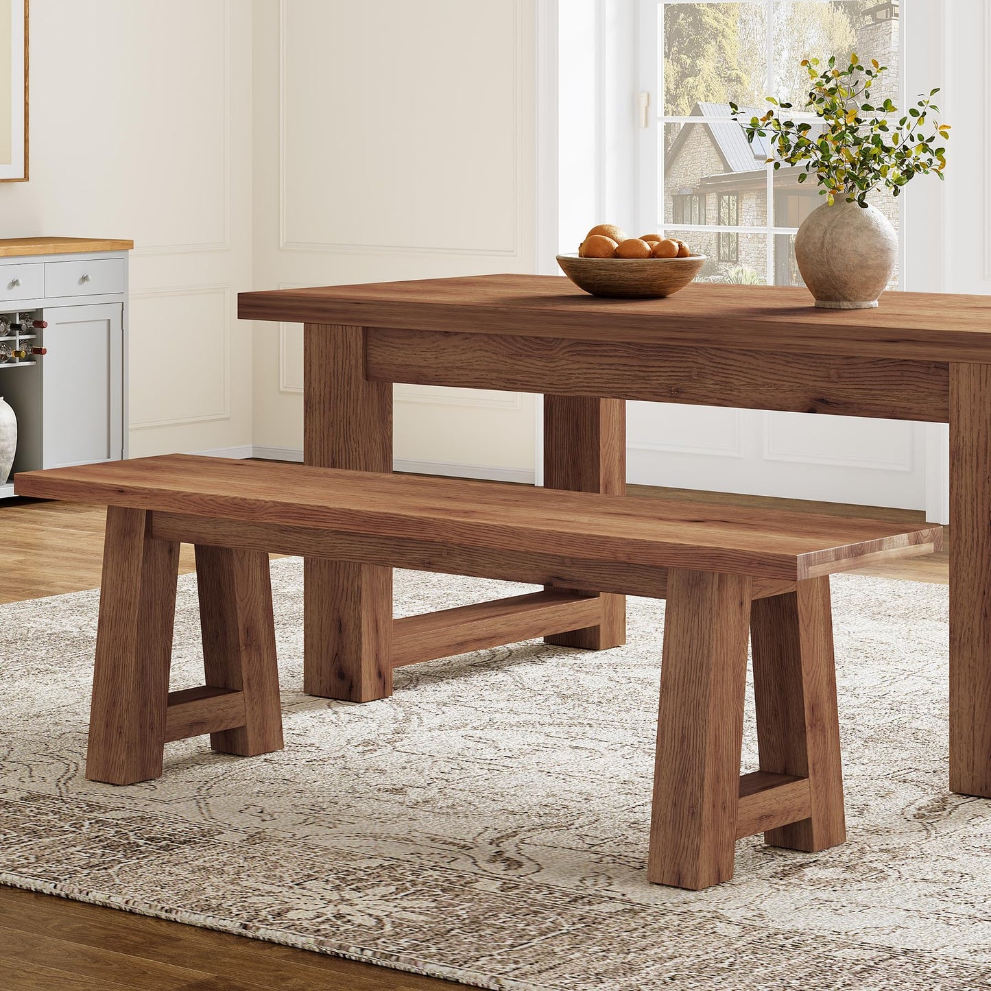 TRIBEWOOD Solid Wood Dining Bench with A-Shaped Legs, 55.12-Inch Farmhouse Entryway Bench Indoor for Hallway, Kitchen, Dining Room, Living Room (Brown)
