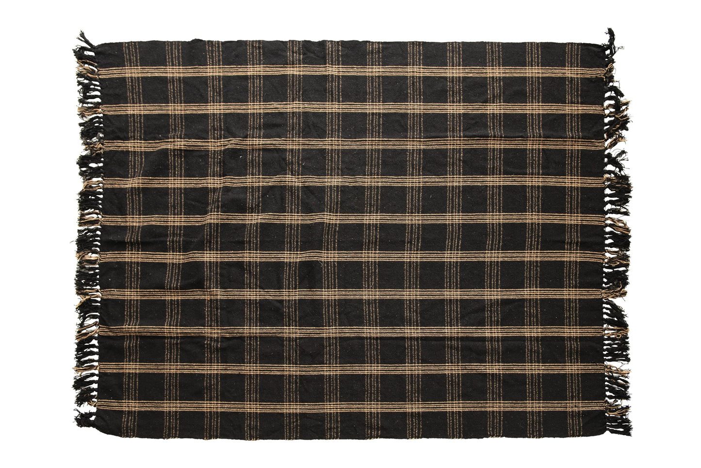 Plaid Black & Tan Fringed Woven Cotton Blend Throw