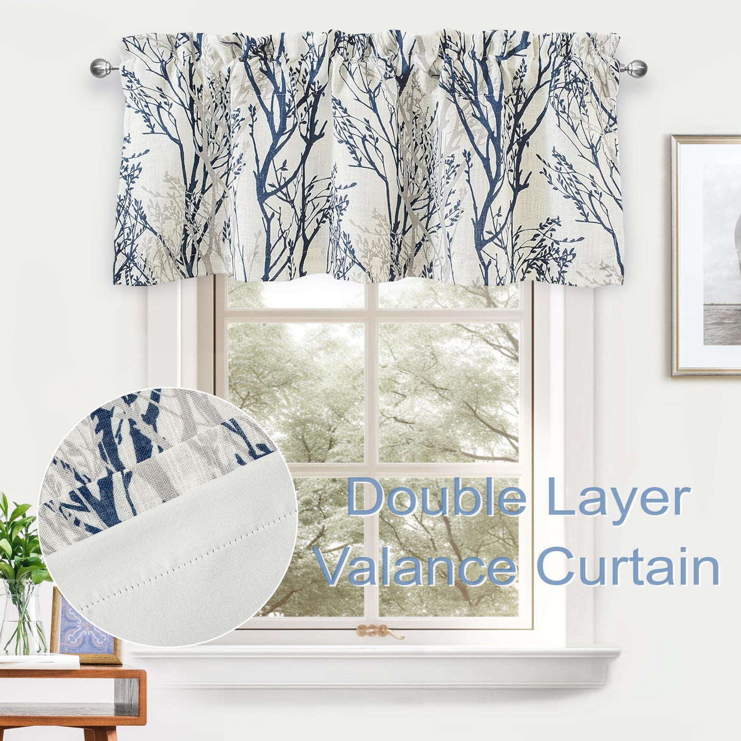 DriftAway Tree Branch Linen Lined Valance Double Layer Thermal Insulated Room Darkening Blackout Valances 3 Inch Rod Pocket Short Window Valance for Living Room Bathroom 52 Inch by 14 Inch Blue