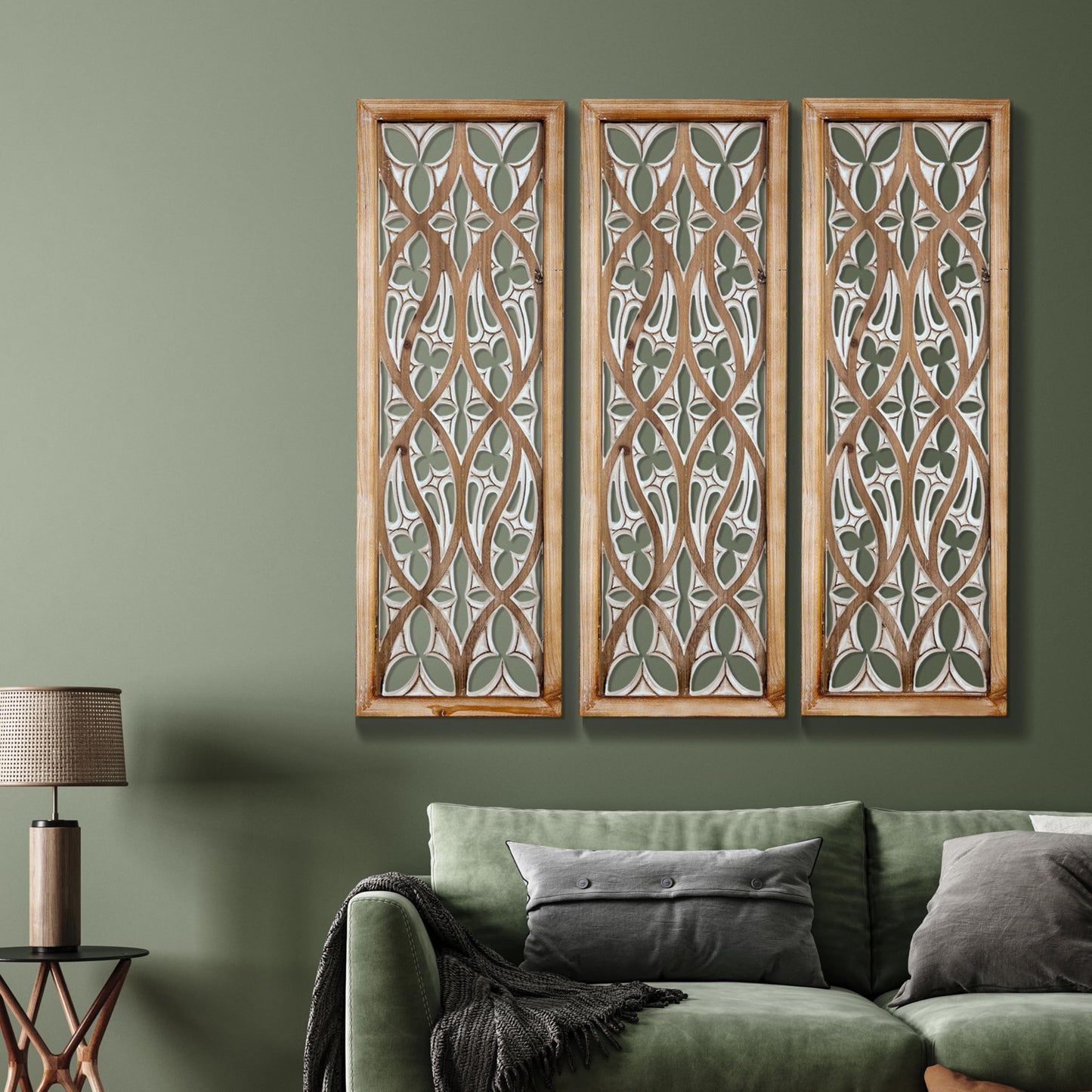 XIAOAIKA Hand Carved Boho Wood Wall Art - Decorative Large Wall Panels, Antique Distressed Wood Sculpture, Elegant Wall Decor Hanging Plaque, Suitable for Gifting (35.5 Inch, 3 Panels)