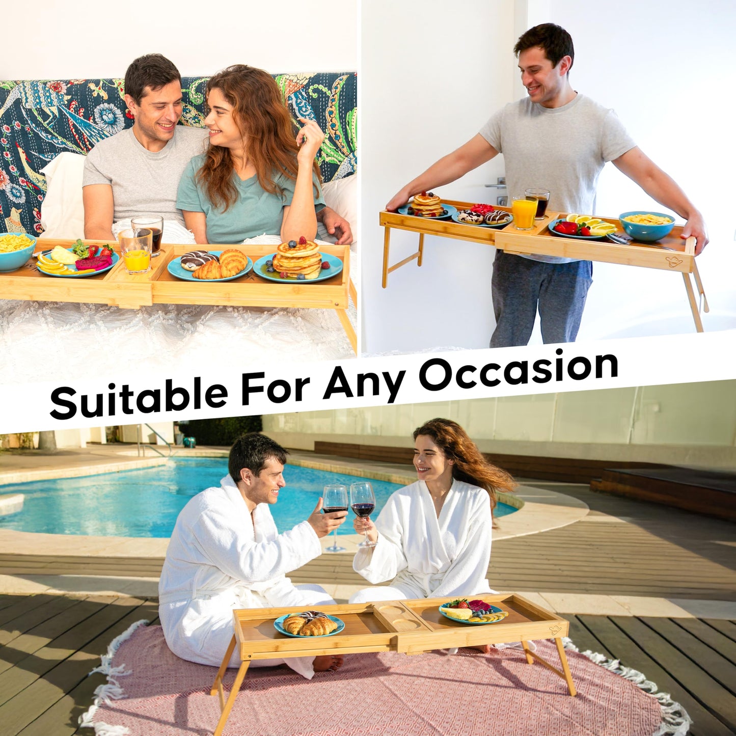 Shaka4Tommy Breakfast Bed Table Tray for Two - One Piece, Dual Use Couple Bed Tray with Cup recesses - Food Trays for Eating on Couch, Space Saving Breakfast Table - Gift Ready - Bamboo Wood