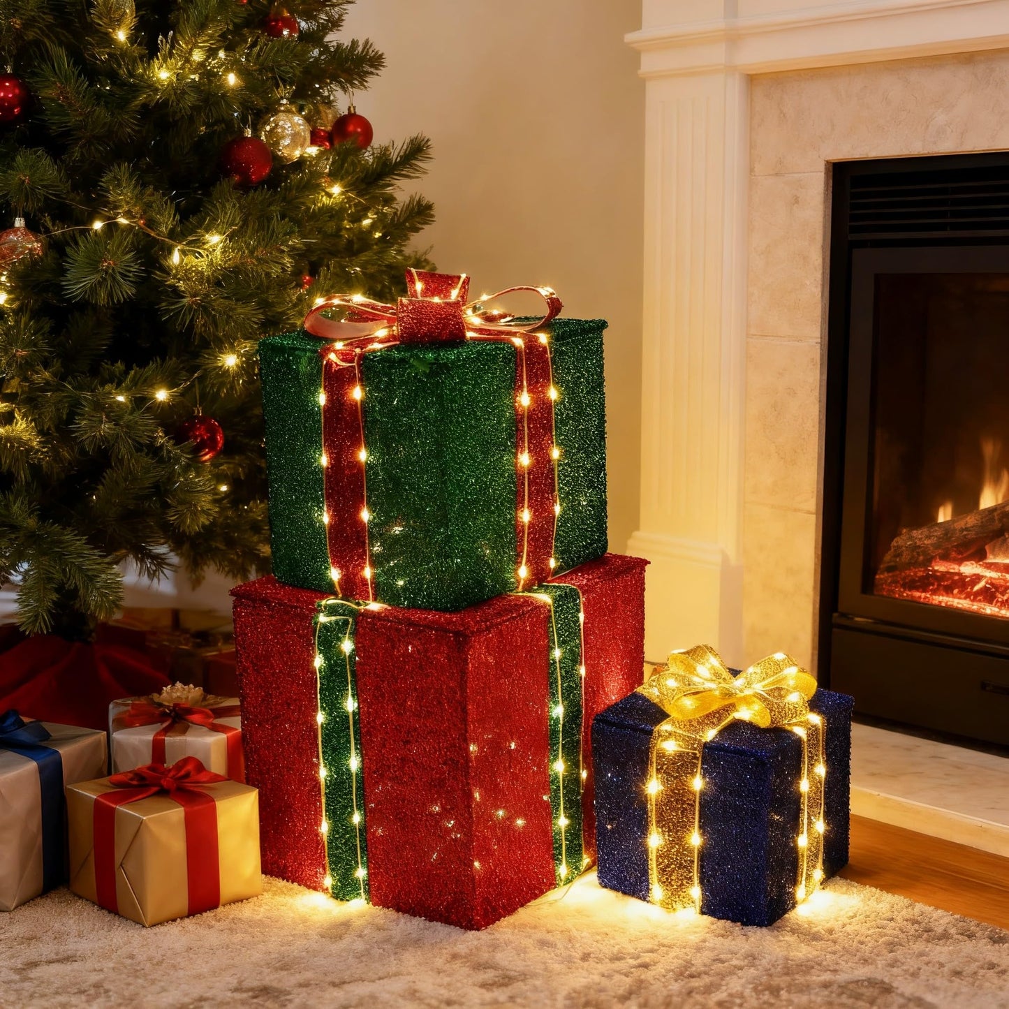 Lomotech Set of 3 Christmas Lighted Gift Boxes - Prel-Lit Gift Boxes with Timer, Lighted Christmas Presents for Xmas Tree, Yard, Holiday, Indoor Christmas Decorations(Small)