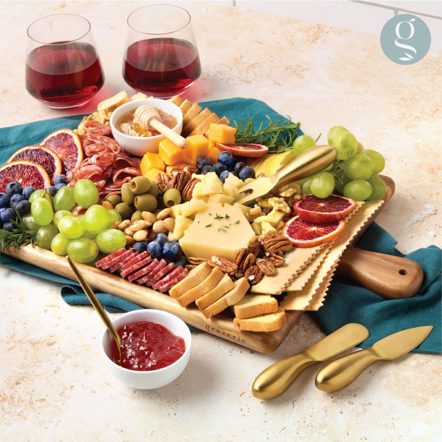 Grazerie Charcuterie Board - Acacia Wood Cutting Board for Kitchen with Handle, Cheese Board for Vegetables, Bread, Fruits, Meat - Decorative Wooden Serving Tray House Warming Gift