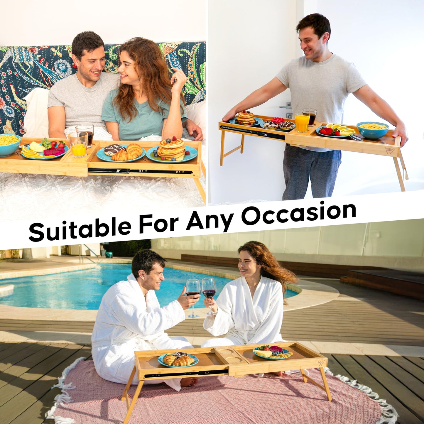 Shaka4Tommy Breakfast Bed Table Tray for Two - One Piece, Dual Use Couple Bed Tray with Cup recesses - Food Trays for Eating on Couch, Space Saving Breakfast Table - Gift Ready - Acacia Wood
