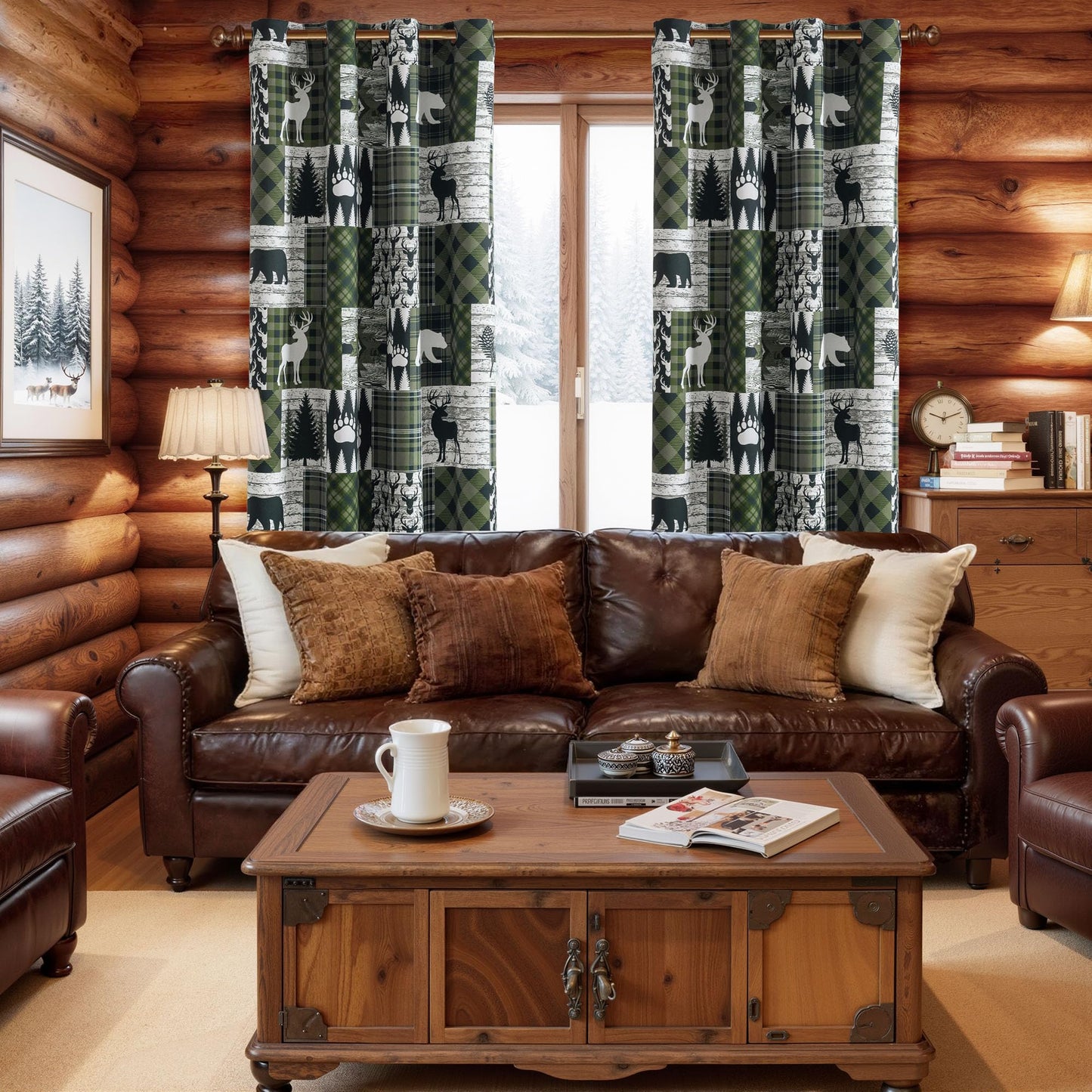 Dark Green Rustic Cabin Curtains 2 Panels Country Curtain 50% Light Blocking Darkening Grommet Window Treatments Farmhouse Patchwork Plaid Drapes Decorative for Living Room Bedroom, 52x96 inches