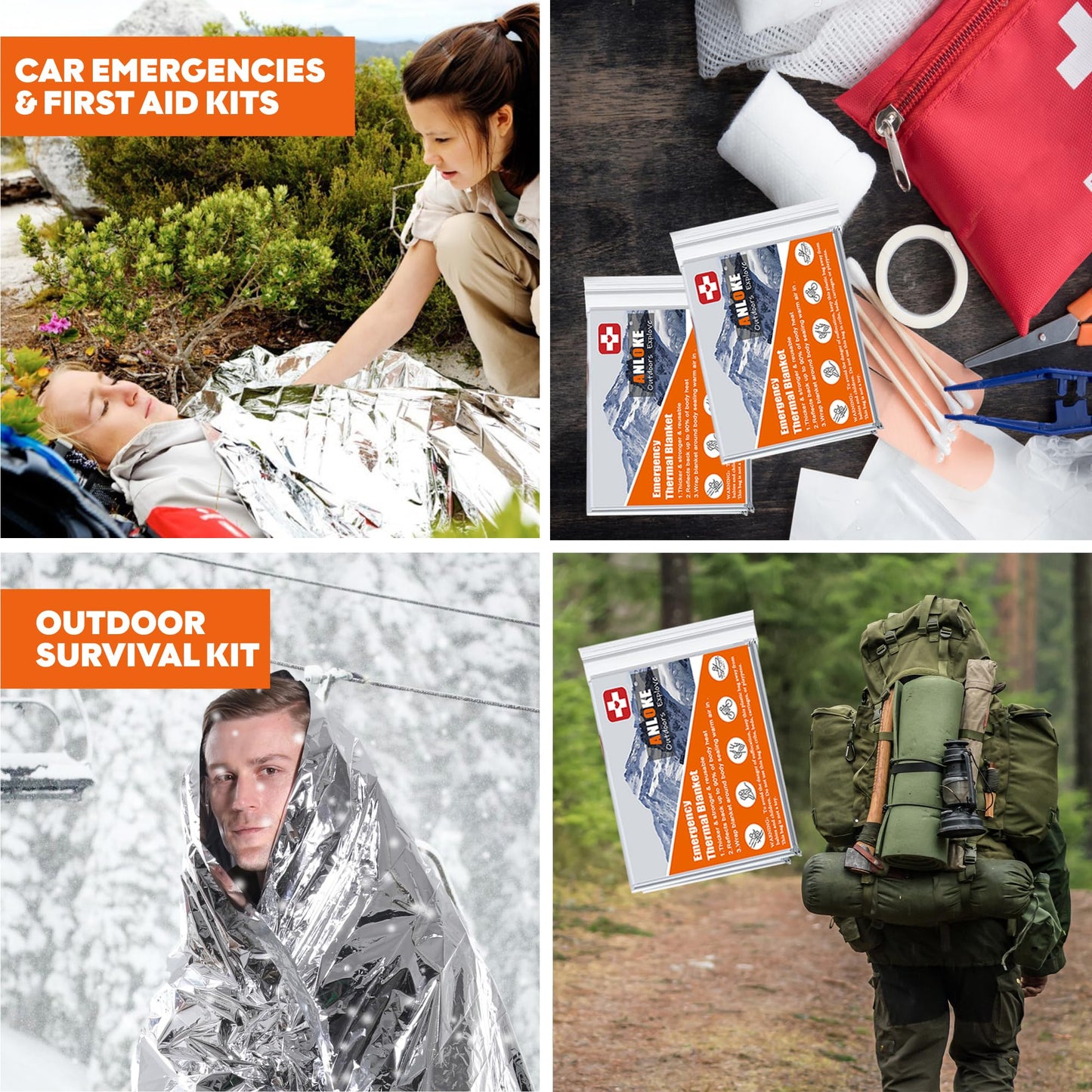 ANLOKE Emergency Blankets Mylar Thermal Blanket,(10 Pack) of Gigantic Space Blanket 84 * 64 in. Survival Blankets Heavy Duty Camping Gear,First Aid