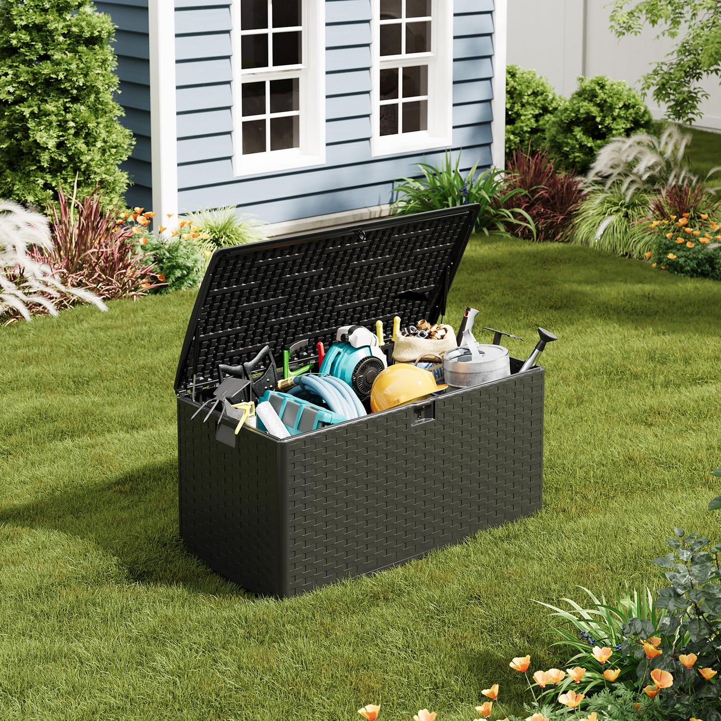 Garvee 100 gal Outdoor Storage Box, Lockable Plastic Deck Box with Lid, Waterproof & UV-Resistant Storage Bin for Patio Cushions, Garden Tools & Pool Accessories, Black
