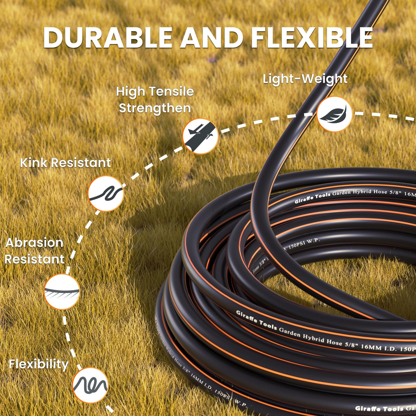 Giraffe Tools Garden Hose 5/8", Water Hose Heavy Duty, Flexible, Lightweight Hybrid Hose with Swivel Handle, 100ft Male to Female Fittings, Burst 600 PSI