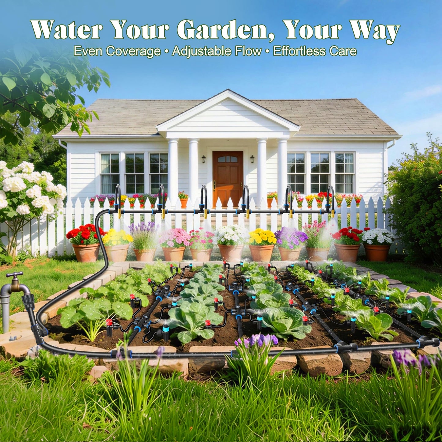 Drip Irrigation Kit for Garden, Automatic Plant Watering System with Quick Connect Fittings, Water Saving Irrigation Tubing Hose and Accessories for Yard, Greenhouse, Lawn & Raised Bed (60FT)