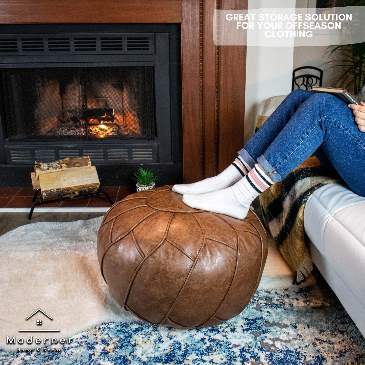 Moderner Faux Leather Pouf Unstuffed Ottoman Moroccan Footstool, Floor Footrest Cushion, Storage Solution - Natural Brown Color (Mocha, Round)